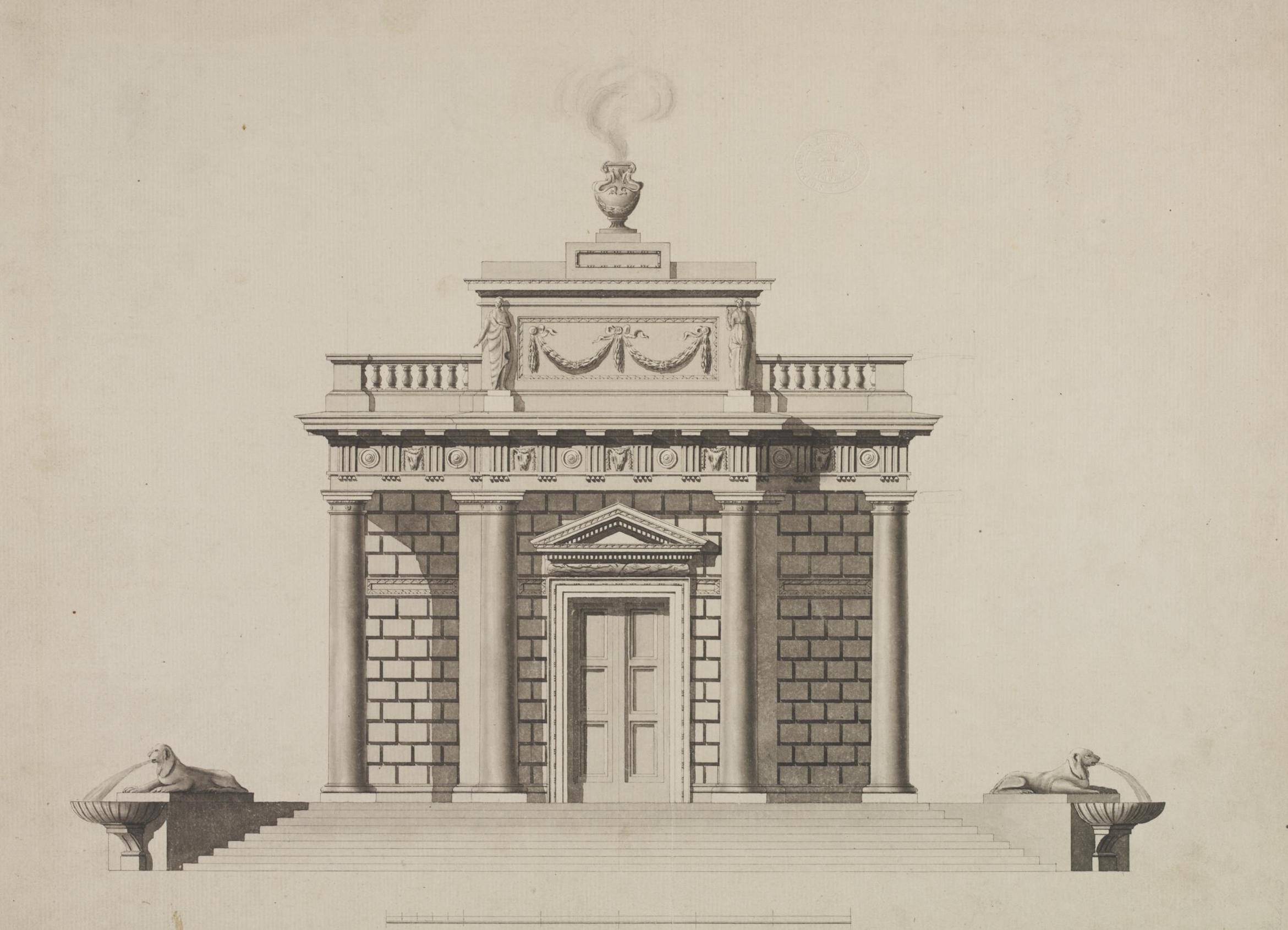 Elevation showing the entrance front of the Casino at Marino House, County Dublin for the 1st Earl of Charlemont, 18th century, Sir William Chambers (1723-1796). The Victoria and Albert Museum. This illustration is a version of the plate which appeared in Chambers' Treatise on Civil Architecture (1759). 